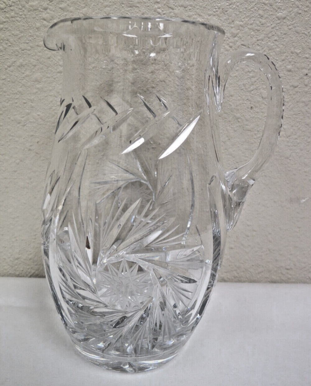 VTG Cut Glass Crystal Pitcher Pinwheel Starburst Design Water Jug 7" Unmarked